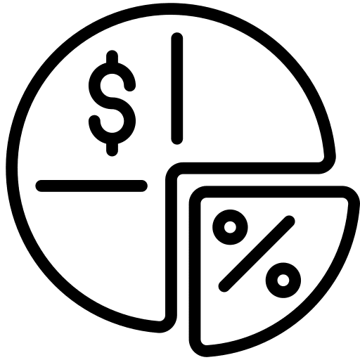Pie chart icon with dollar and percentage symbols.
