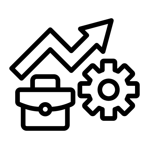 Briefcase, cogwheel, and upward arrow icon representing work and growth.